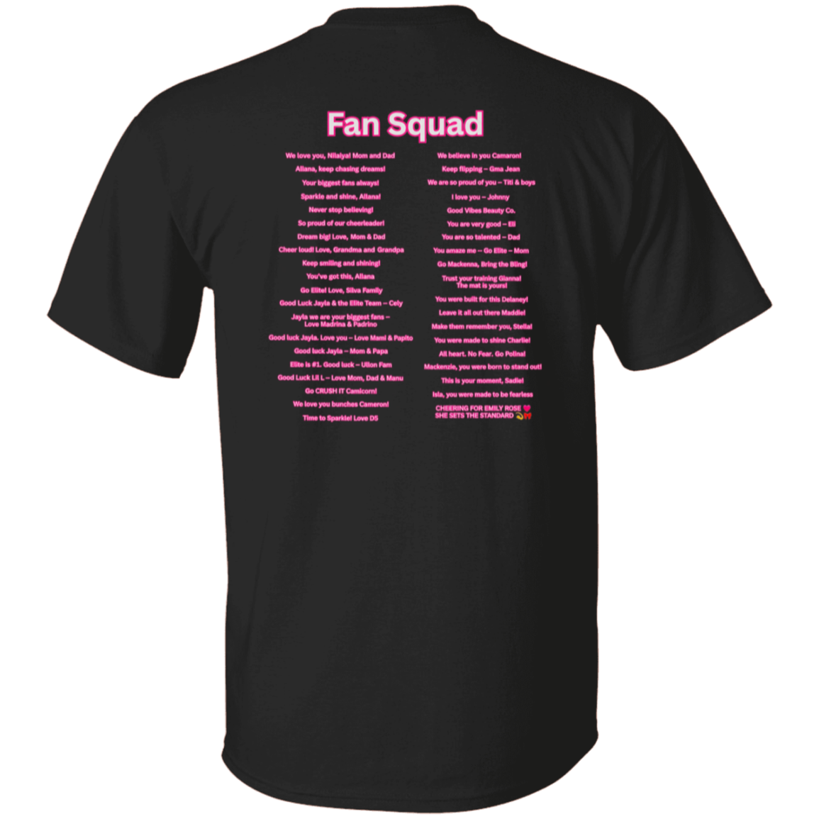 Back of Elite Season 7 Fan Squad shirt with pink supporter messages