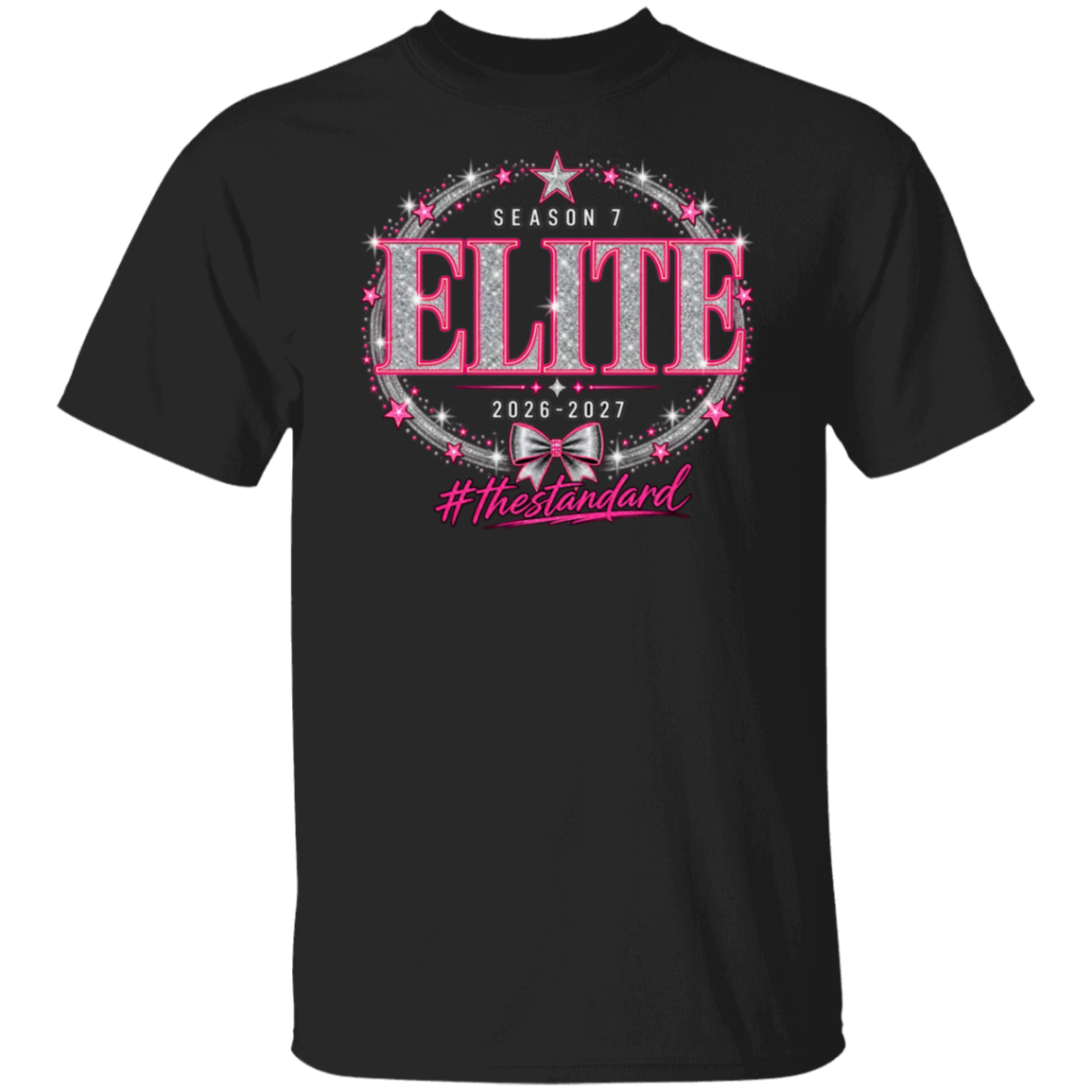 Black Elite Season 7 cheer shirt with pink and silver 2026-2027 front design