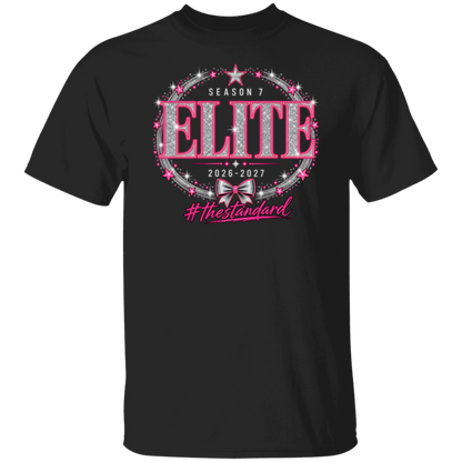 Black Elite Season 7 cheer shirt with pink and silver 2026-2027 front design